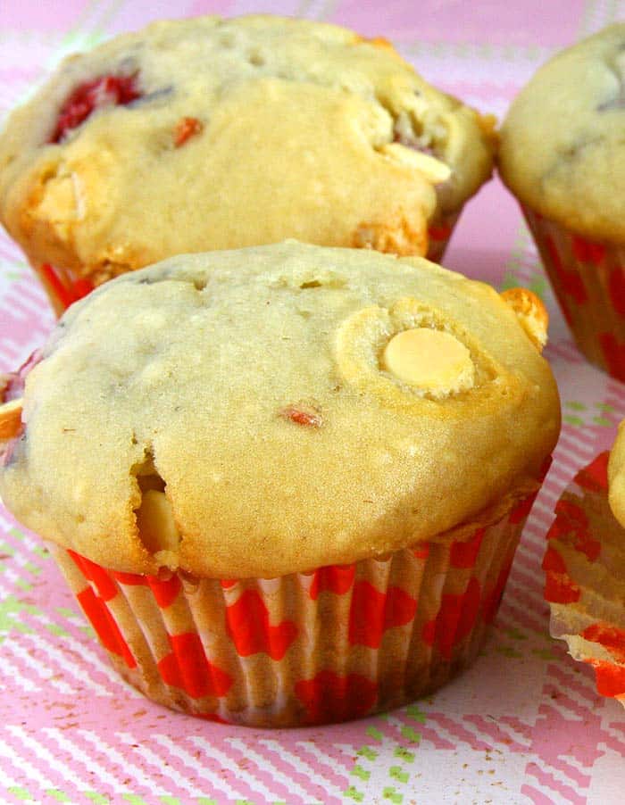 Eggless Raspberry White Chocolate Muffins