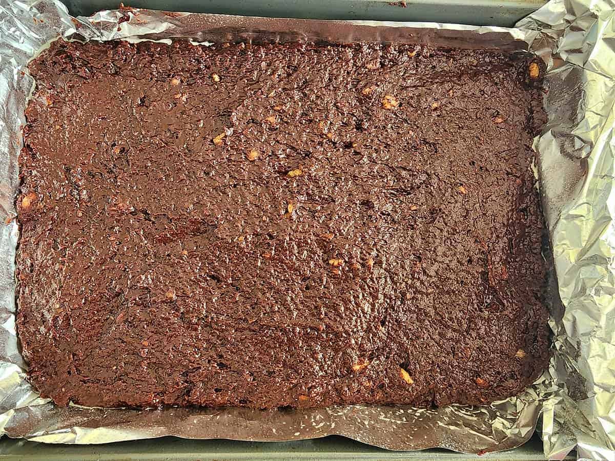 Brownie batter in the pan