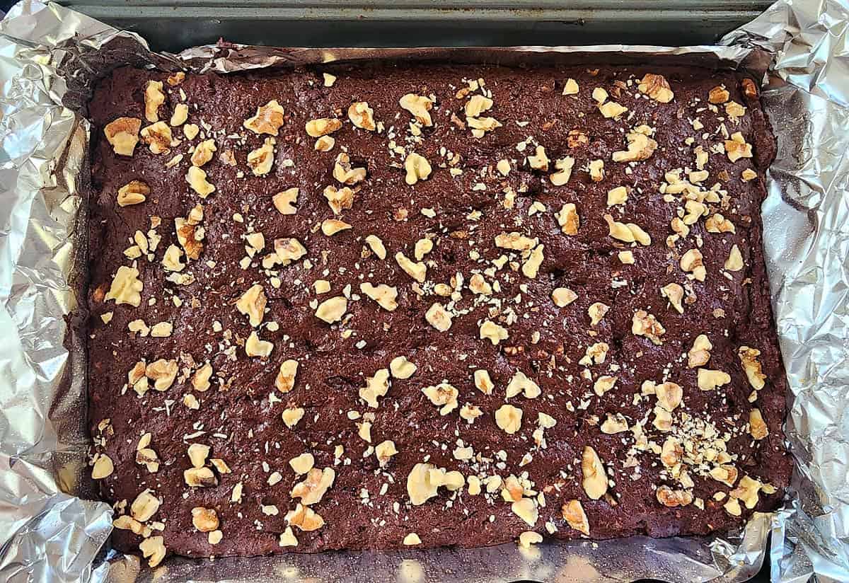 Oat flour brownie out of oven