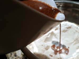 Pour wet mix into flour mix.