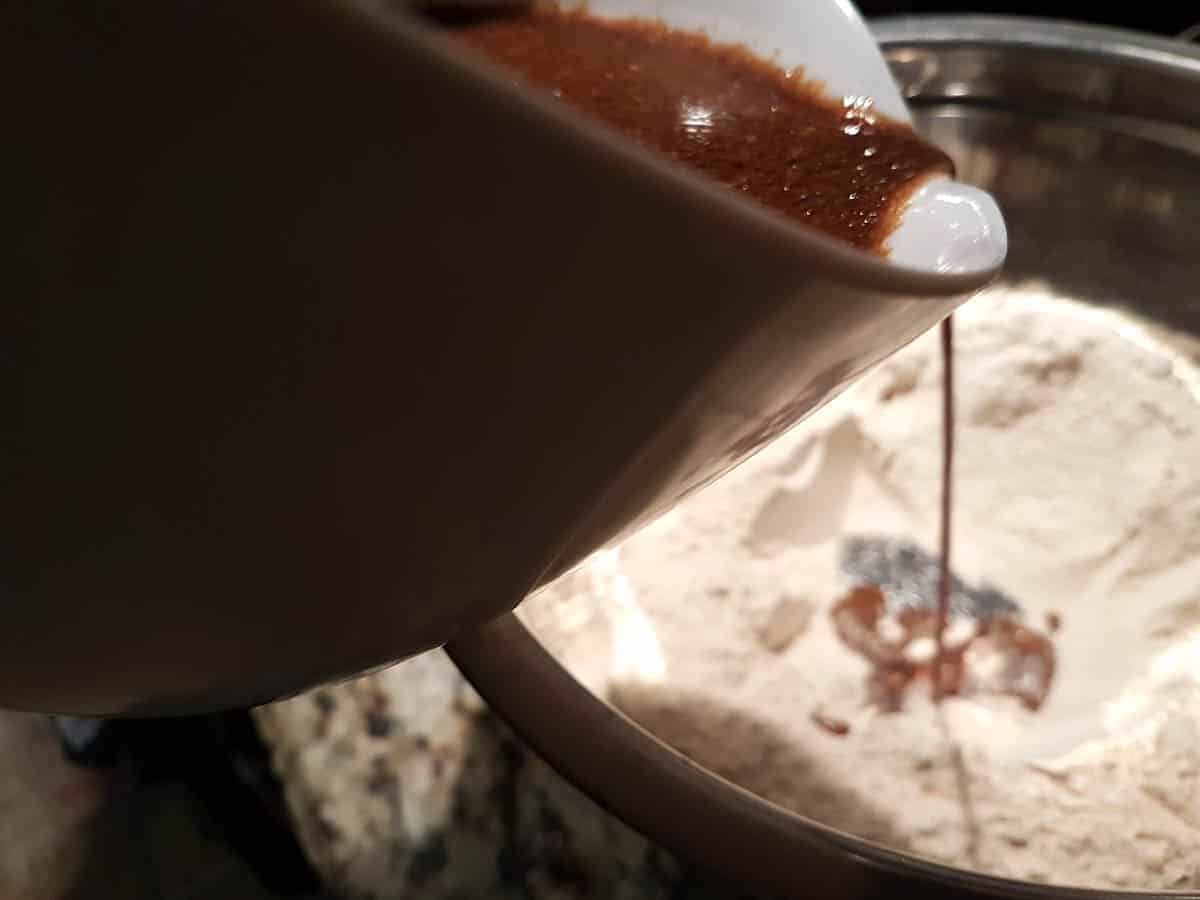 Pour wet mix into flour mix