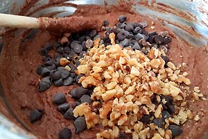 Stir chocolate chips and walnuts.