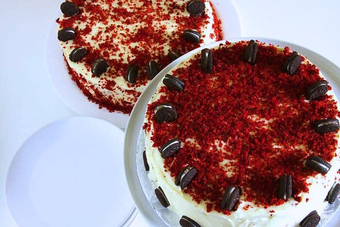 Freshly baked Oreo Red Velvet Cake.