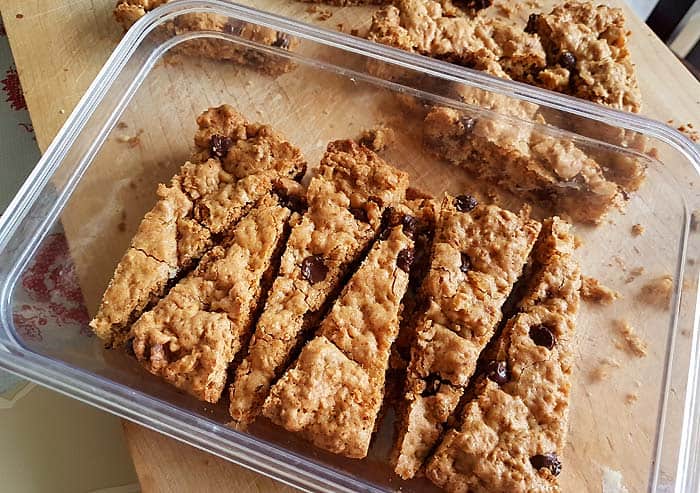 Chocolate Chip Cookie Bars in a container.