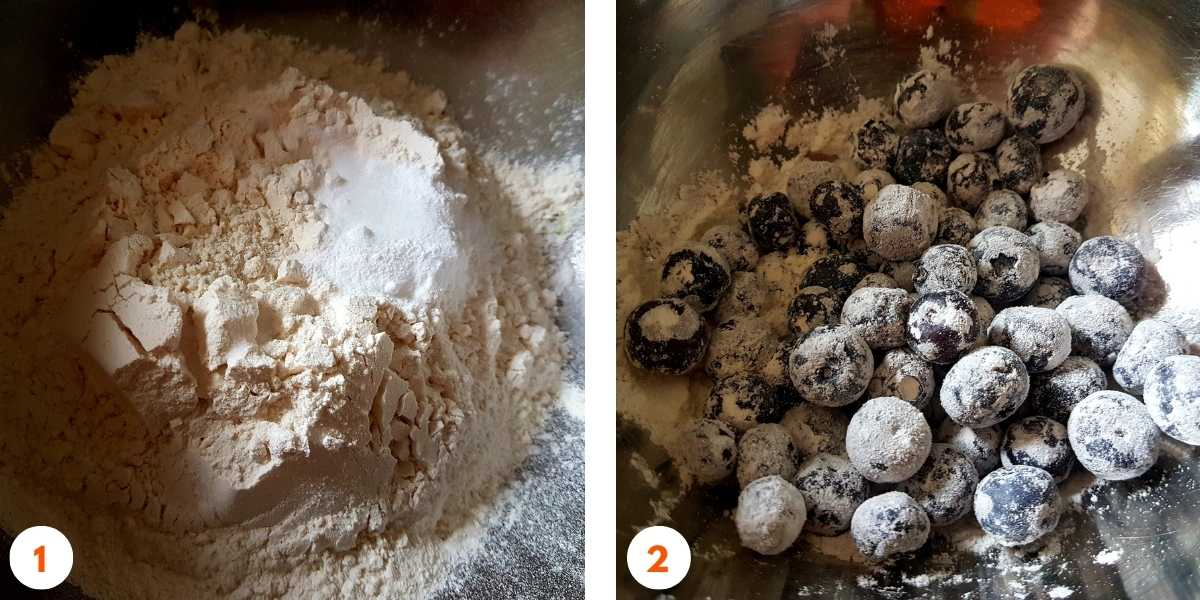 A side-by-side image of the initial steps for making blueberry muffins. The left side shows dry ingredients, including flour and baking soda, in a mixing bowl. The right side shows fresh blueberries coated in flour to prevent sinking in the batter.