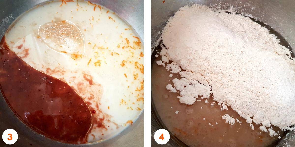 A side-by-side image of the muffin batter preparation. The left side shows wet ingredients, including non-dairy milk, oil, orange zest, and extract, in a mixing bowl. The right side shows dry ingredients added to the wet mixture, ready to be combined.