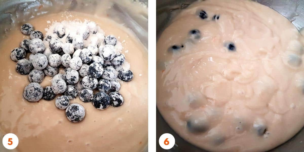 The left side shows flour-coated blueberries added to the batter. The right side shows the blueberries gently folded in, creating a smooth and creamy mixture.