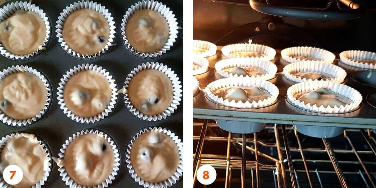 A side-by-side image of the muffin baking process. The left side shows muffin liners filled with blueberry batter in a baking tray. The right side shows the tray placed inside a preheated oven as the muffins begin to bake.